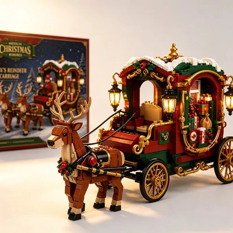 Santa Claus Reindeer Gift Sleigh Building Blocks, Christmas Theme Assembly Model, Compatible Ornament