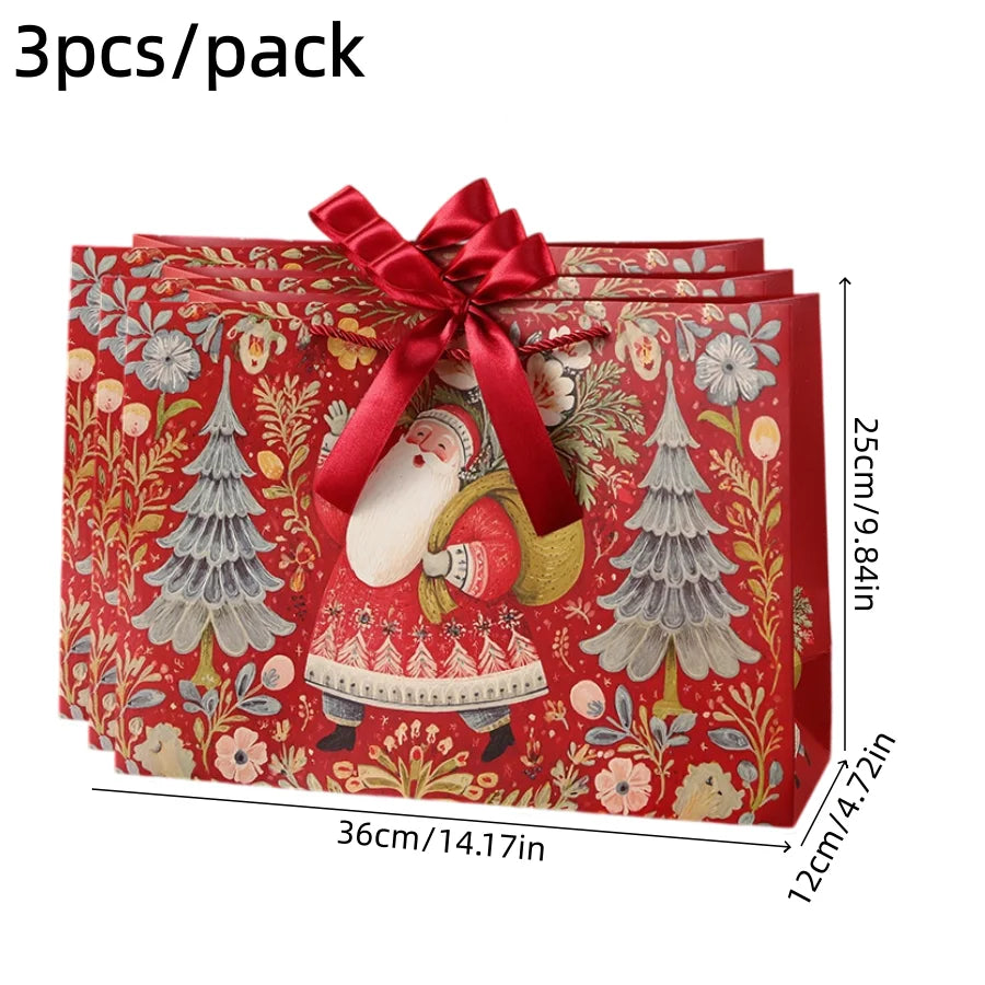 3pcs/pack Christmas Gift Bags Santa Vintage Xmas Tree Bow Ribbon Handle Paper Bags Holiday Present Packaging Storage Bag