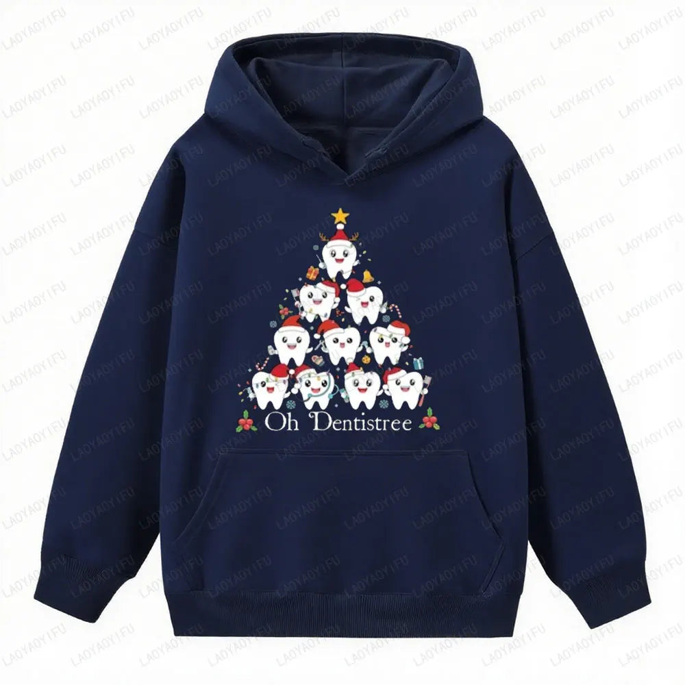 Funny Christmas Teeth Tree Sweatshirt Christmas Dentist Clothes Gift Hoodies Women Men Autumn Winter Crewneck Graphic Pullover
