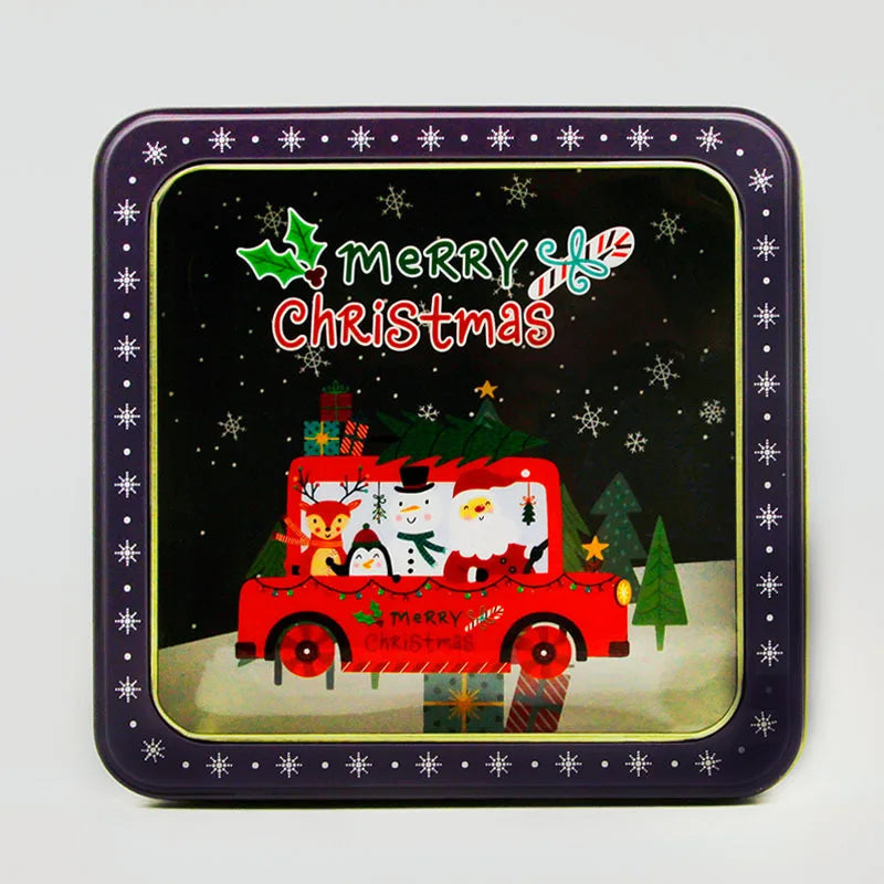 Square Christmas Tin Box Santa Claus Snowman Pattern Tin Box With Lid Cookie Box Mousse Cake Packaging Tin Box Home Storage Box
