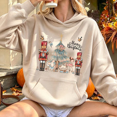 Merry Christmas Nutcracker Print Women Hoodies Vintage Ballerina Mouse Tree Sweatshirt Winter Festive Casual Essential Jumper