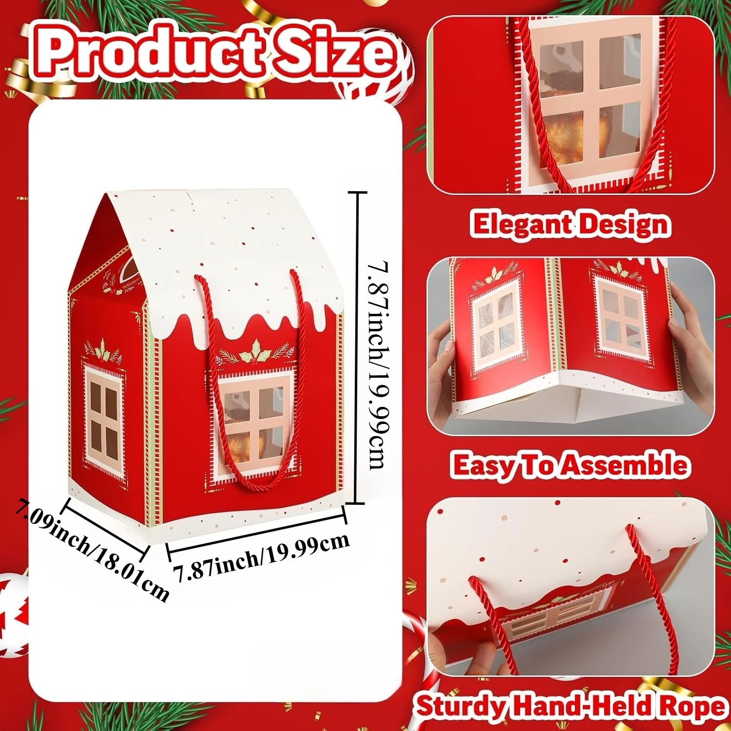 1-6 Pcs Christmas House Shaped Box Retro Red Cottage Gift Box with Handle for Party Candy Favors Clear Window Paper Treat Bags