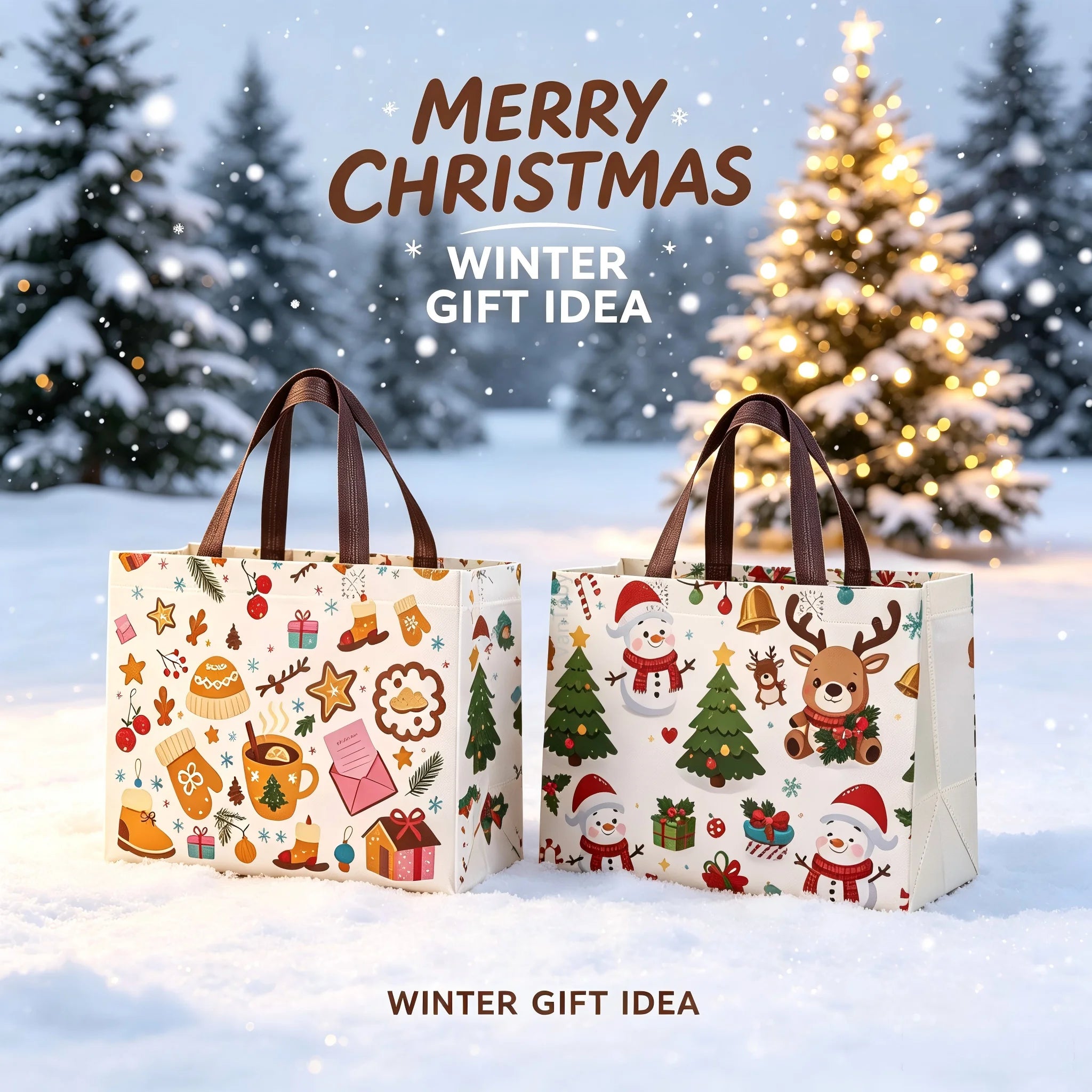 4/8pcs Christmas Handbags with Handles,Santa Reindeer Bell Pattern Reusable Gift Bags,Shopping Bags,Party Gift Bags