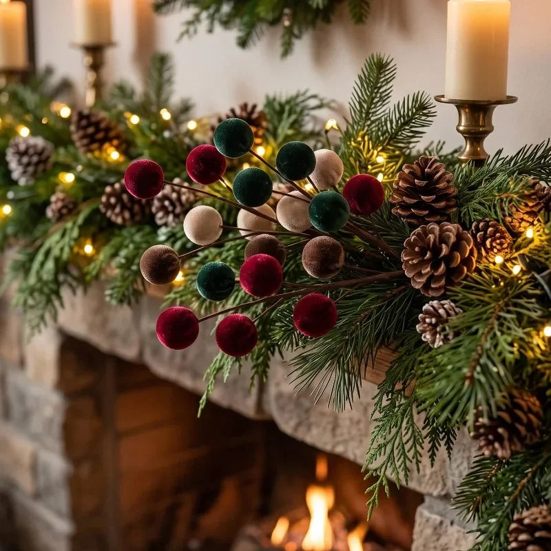 Christmas Velvet Ball Bouquet Christmas Tree Decoration Foam Ball Xmas Wreath Ornaments DIY Crafts Branches Hanging Decoration