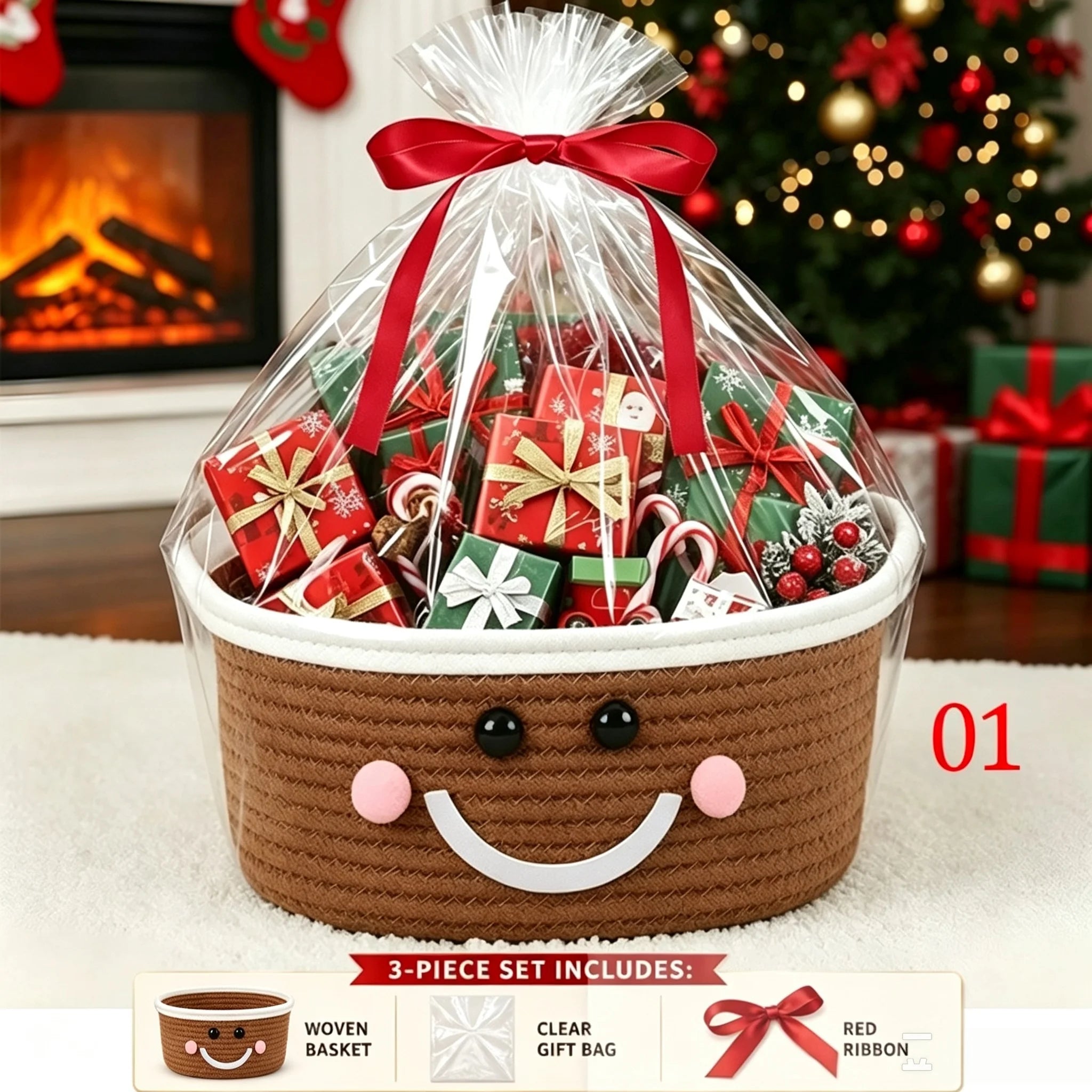 Christmas Woven Basket with Gift Bag, Ribbon Santa Emoticon Woven Storage Bin Empty Basket Holiday Decorative for Xmas Gifts