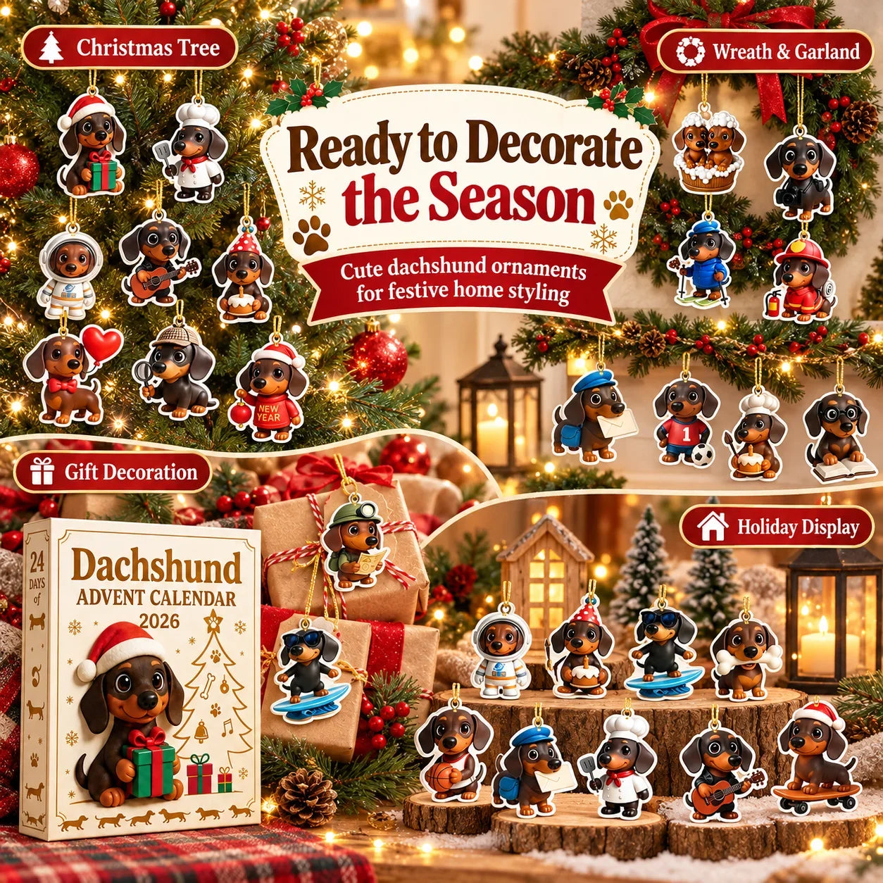 Christmas Dachshund Advent Calendar 24 Days Countdown Dog Ornaments Xmas Tree Decor Collectible Dog Lover Holiday Gift Set