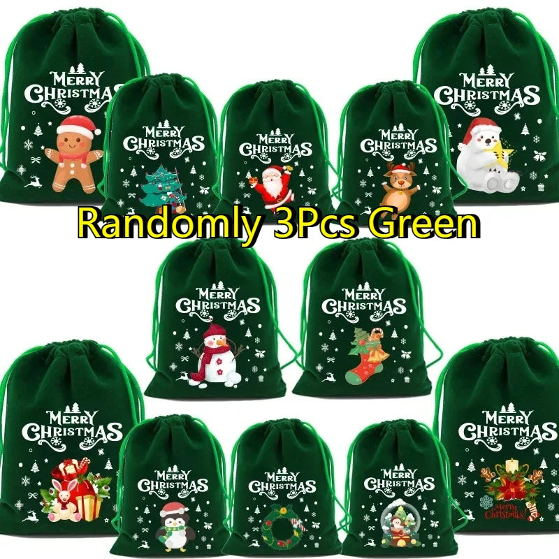 1/3/5Pcs Christmas Gift Bags 15x20cm Drawstring Pouch Santa Candy Bags Velvet Drawstring Bags for Christmas Eve Apple Gifts Bag