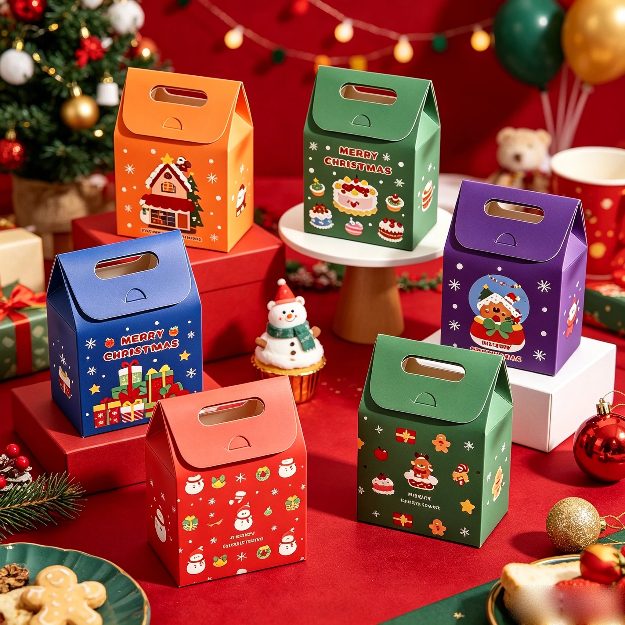 50Pcs Merry Christmas Handheld Gift Bags Xmas Party Favor Treat Boxes Cookie Chocolate Candy Packaging Boxes Decor Supplies