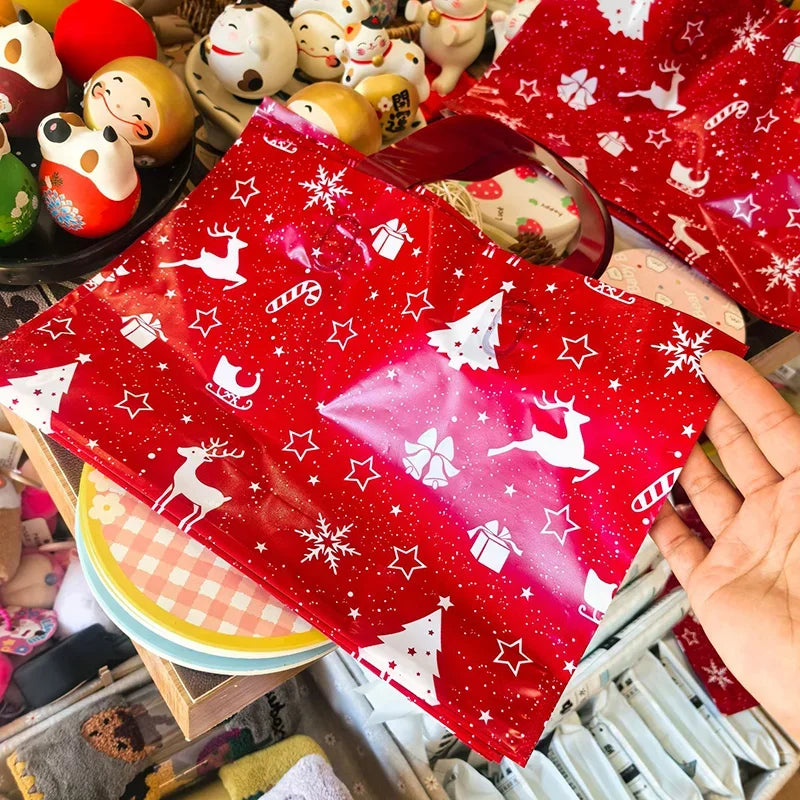 10 Pcs Christmas Gift Bags Mixed Plastic Tote Bags Reusable Candy Packaging Bags For Xmas Party Holiday Decor Friend Gifts