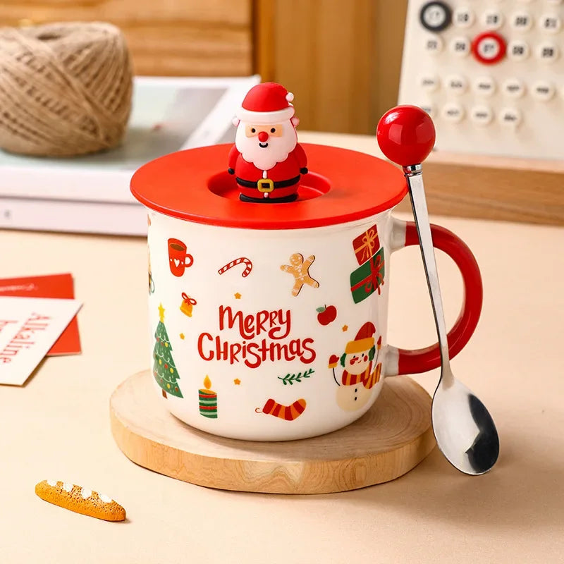 Christmas Ceramic Mug with Lid and Spoon Enamel Look Cartoon Water Cup Holiday Gift Cup for Wedding Party Favor