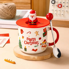Christmas Ceramic Mug with Lid and Spoon Enamel Look Cartoon Water Cup Holiday Gift Cup for Wedding Party Favor