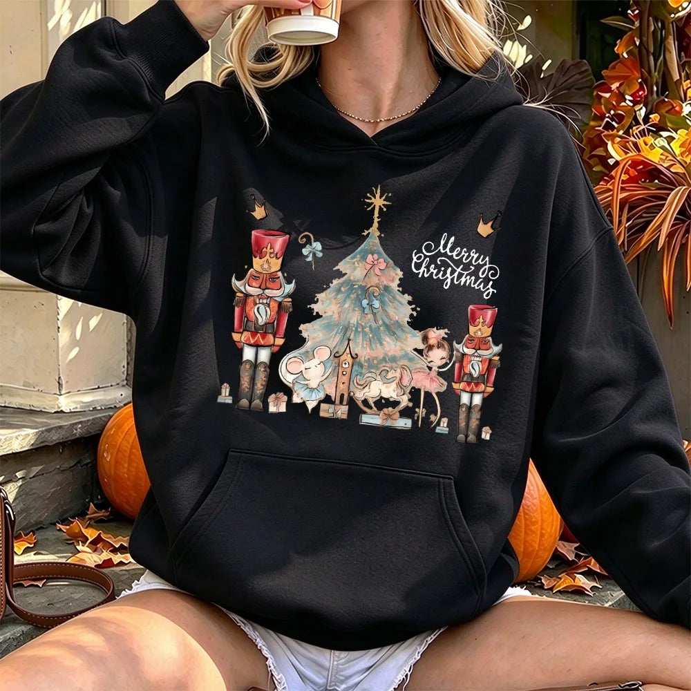 Merry Christmas Nutcracker Print Women Hoodies Vintage Ballerina Mouse Tree Sweatshirt Winter Festive Casual Essential Jumper