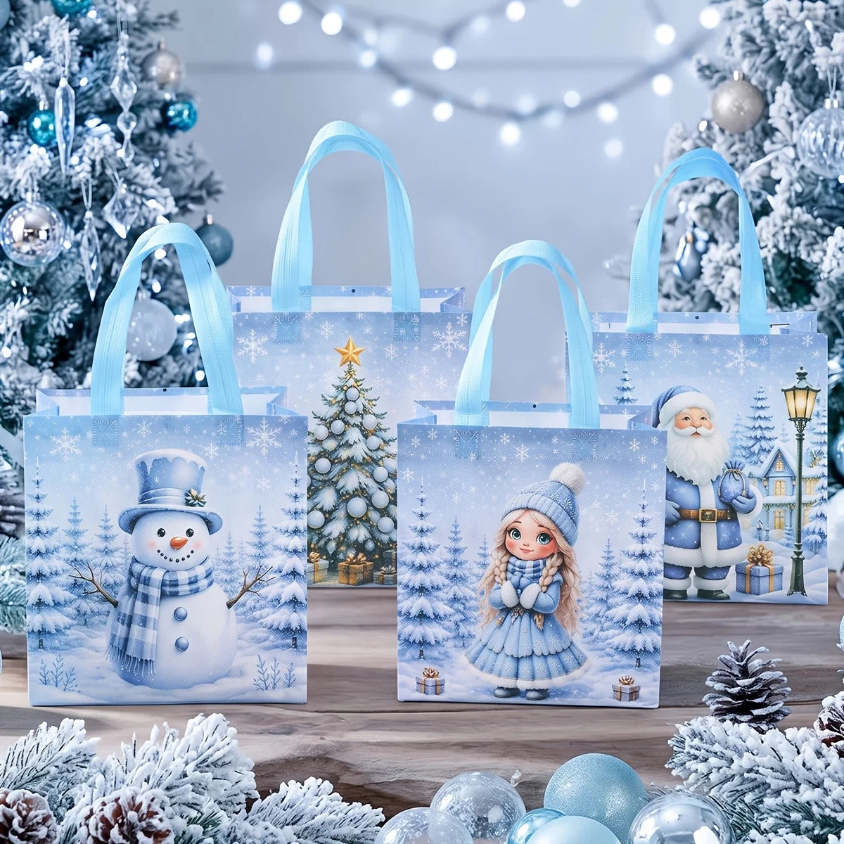 12 Pcs Blue Christmas Non Woven Tote Bags, Snowman, Snow Maiden, Christmas Tree Handbags, Reusable Xmas Gift Packaging Bags