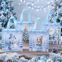 12 Pcs Blue Christmas Non Woven Tote Bags, Snowman, Snow Maiden, Christmas Tree Handbags, Reusable Xmas Gift Packaging Bags