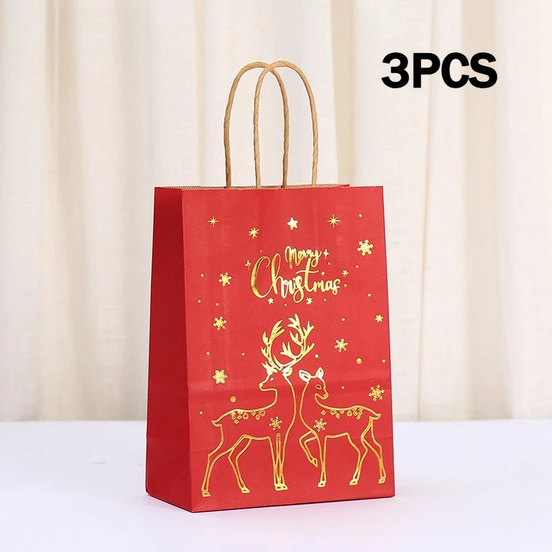 3/12 Pcs Christmas Gift Bag Set, Gold Tree Print Red Green Metallic Edge, Handled Holiday Gift Pouches