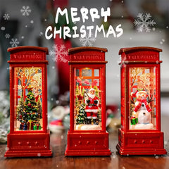 Christmas Phone Booth Decoration with Santa Claus, Snowman & Tree - Red Retro Telephone Booth Ornament With Light Home Decorator