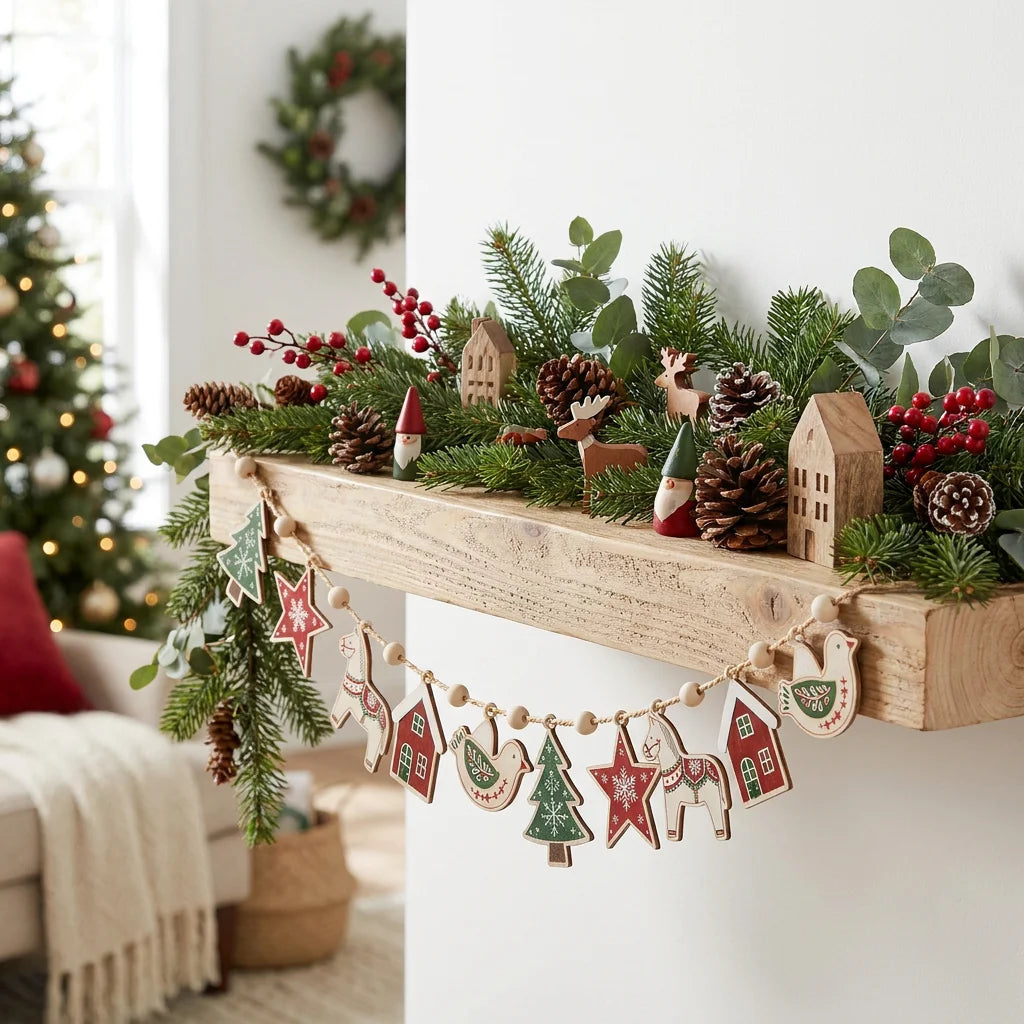 Scandinavian Christmas Wooden Garland, Wood Beads Hemp Rope, Tree Star Dala Horse for Fireplace Mantel Wall Xmas Home Decor