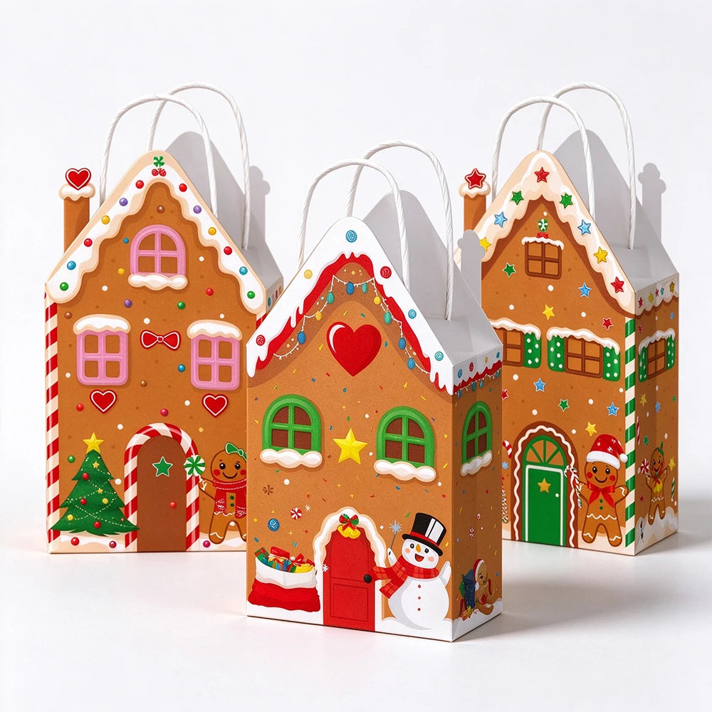 5-50pcs Christmas Paper Gift Bags with Handles Gingerbread House Merry Christmas Party Favor Treat Bags Goodie Candy Bags