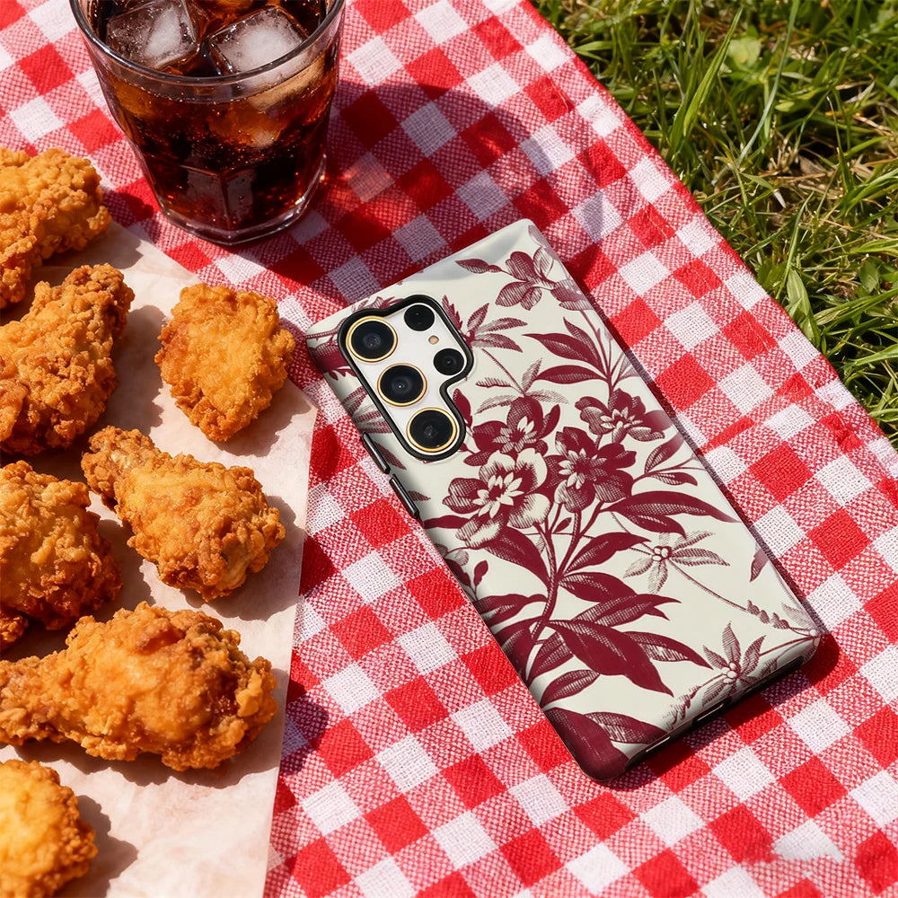 Burgundy Floral Print Phone Case for Samsung Galaxy S25 Ultra S24 S23 Ultra Plus Glossy Double-layer Back Cover