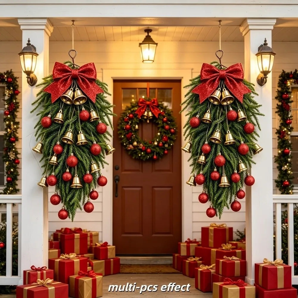 Festive With Bow and Baubles Christmas Teardrop Wreath Gold Bell DIY Artificial Pine Wreath Xmas Door Ornament Christmas