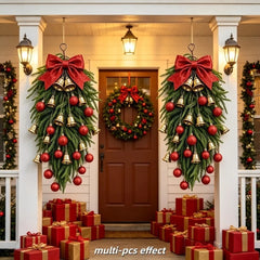Festive With Bow and Baubles Christmas Teardrop Wreath Gold Bell DIY Artificial Pine Wreath Xmas Door Ornament Christmas