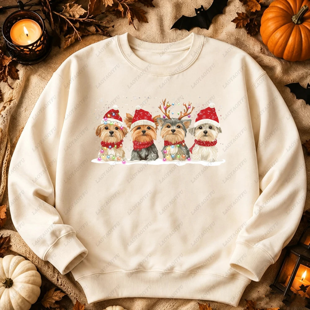Cute Christmas Dogs Women Sweatshirt Santa Hat Graphic Pullover Autumn Winter Loose Crewneck Jumper Casual Trend Outfits