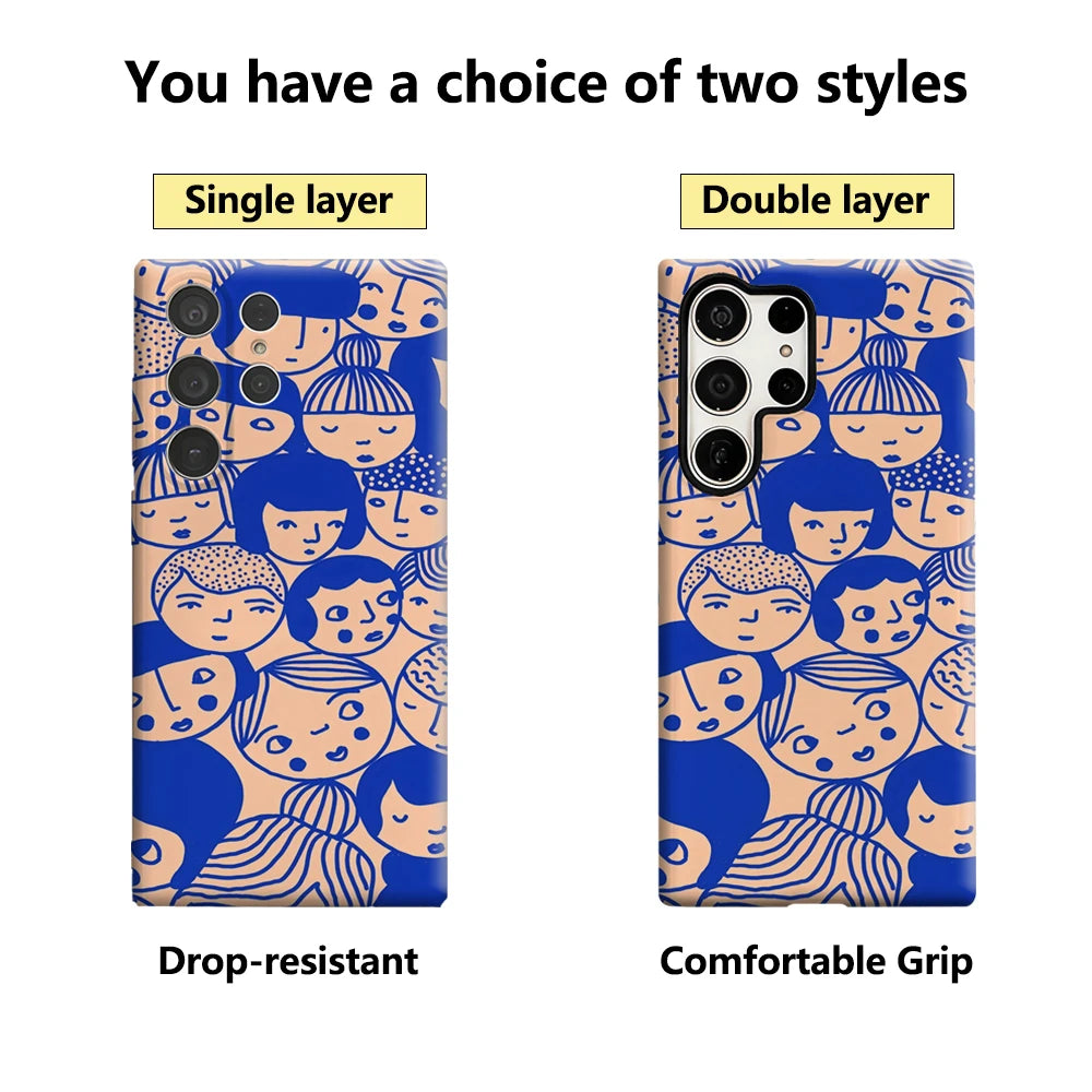 Blue - Lined Cartoon Faces Phone Case for Samsung Galaxy S25 Ultra S24 S23 Ultra Plus Glossy Double-layer Back Cover