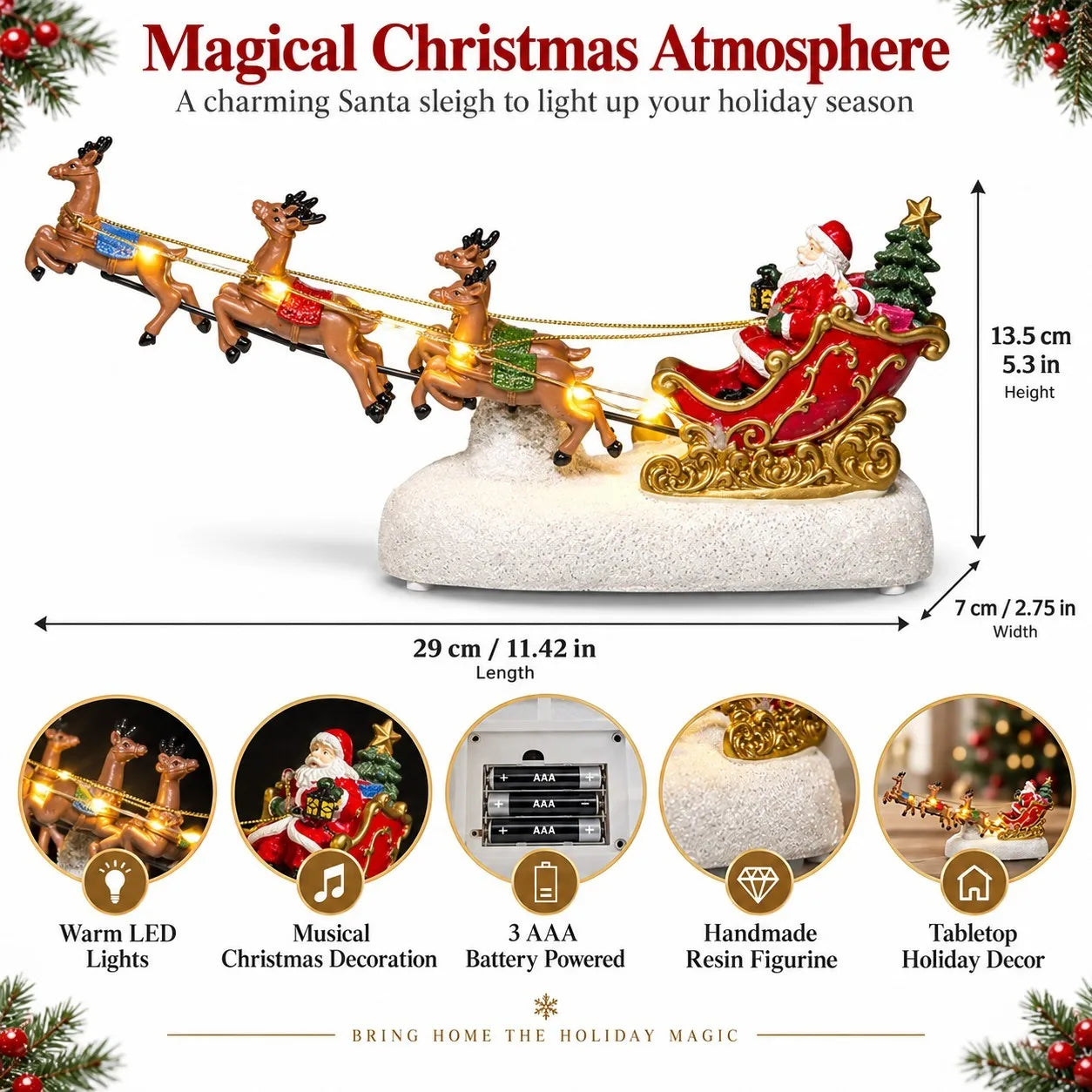 Christmas Village Decoration Santa Sleigh Reindeer Figurine Lighted Musical Christmas Fireplace Tabletop Holiday Home Decor Gift