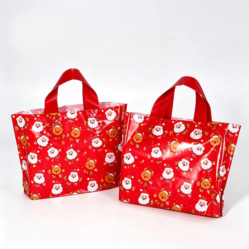 10 Pcs Christmas Gift Bags Mixed Plastic Tote Bags Reusable Candy Packaging Bags For Xmas Party Holiday Decor Friend Gifts