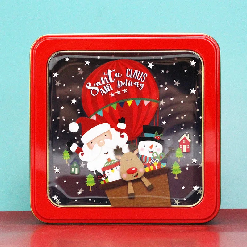 Square Christmas Tin Box Santa Claus Snowman Pattern Tin Box With Lid Cookie Box Mousse Cake Packaging Tin Box Home Storage Box