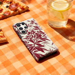 Burgundy Floral Print Phone Case for Samsung Galaxy S25 Ultra S24 S23 Ultra Plus Glossy Double-layer Back Cover