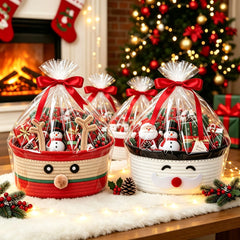 Christmas Woven Basket with Gift Bag, Ribbon Santa Emoticon Woven Storage Bin Empty Basket Holiday Decorative for Xmas Gifts