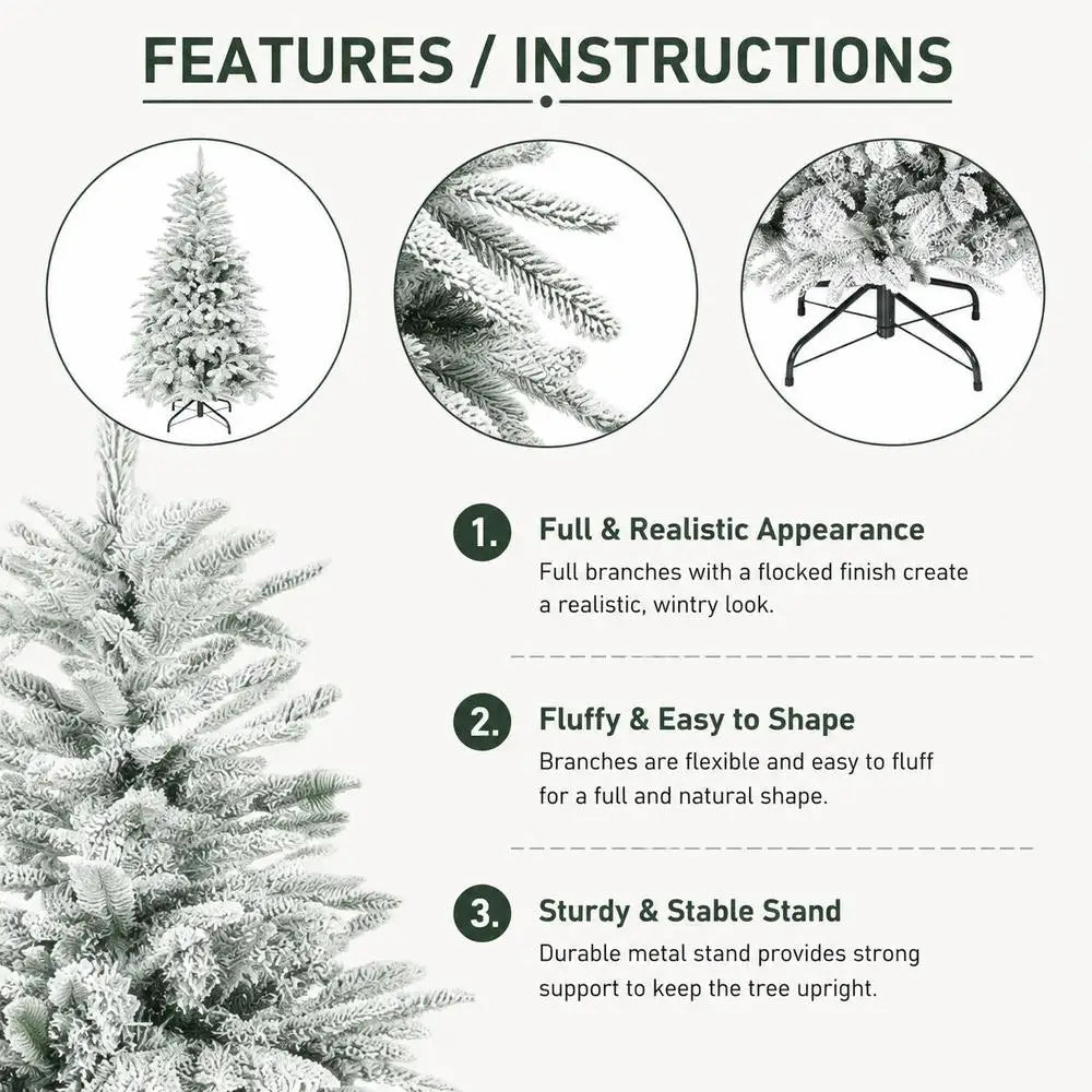 5 Ft Artificial Flocked Christmas Tree, 717 Branch Tips, Hinged Branches, Foldable Metal Stand, Easy Assembly for Home Office Holiday Decor