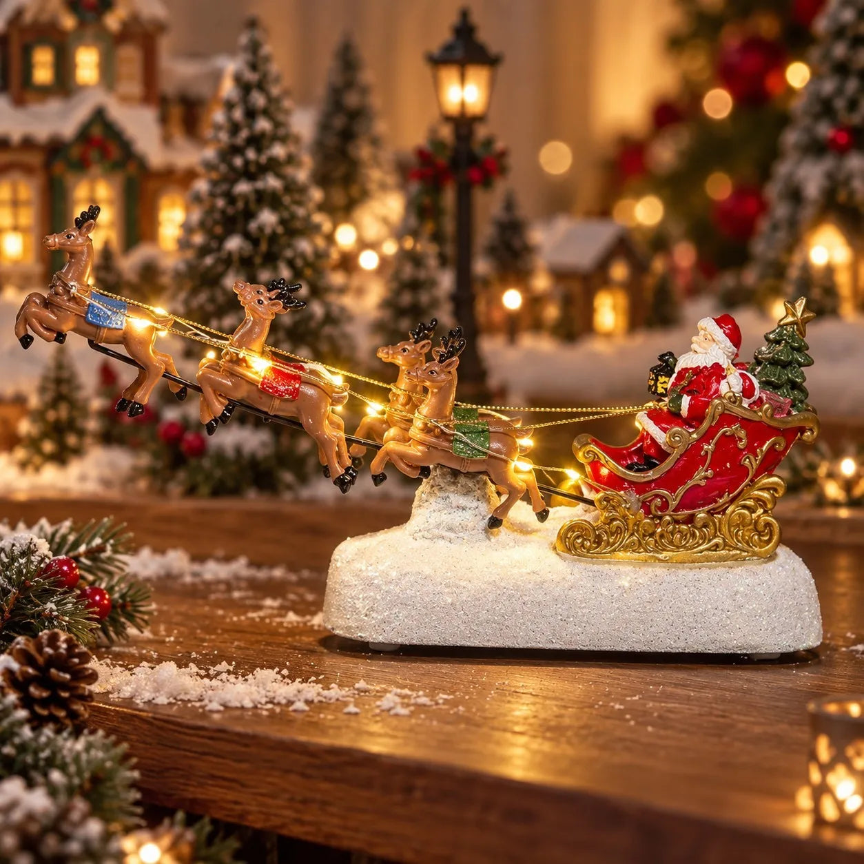 Christmas Village Decoration Santa Sleigh Reindeer Figurine Lighted Musical Christmas Fireplace Tabletop Holiday Home Decor Gift