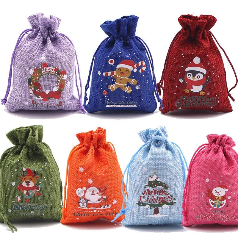 10pcs Christmas Linen Drawstring Bag Christmas Pattern Candy Gift Christmas Small Gift Hand Jewelry Bracelet Apple Bag