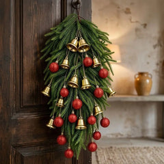 Festive With Bow and Baubles Christmas Teardrop Wreath Gold Bell DIY Artificial Pine Wreath Xmas Door Ornament Christmas
