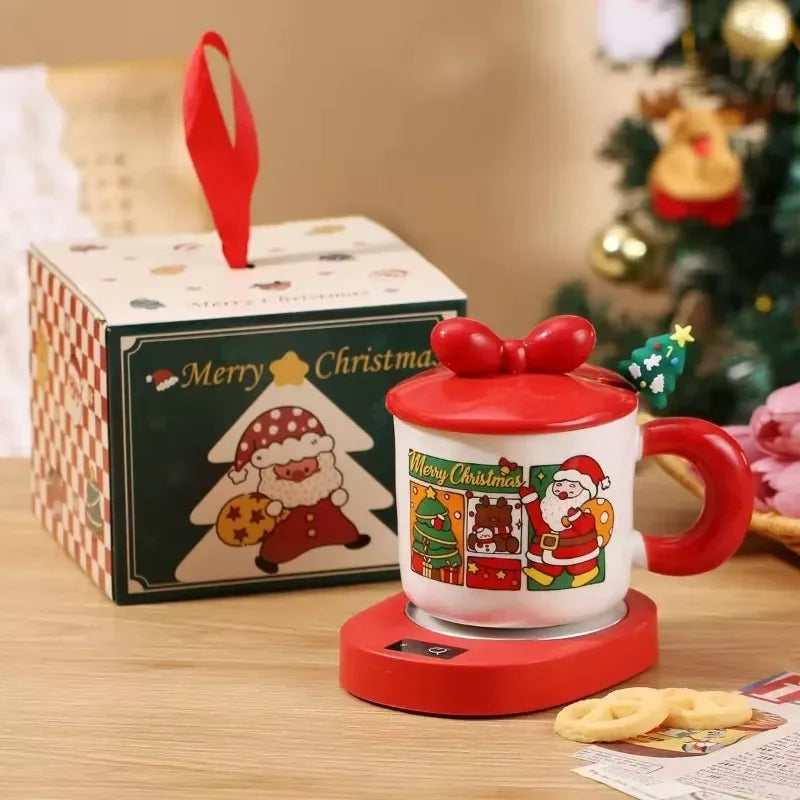 Festive Christmas Themed Ceramic Coffee Mug with Lid Spoon Holiday Gift Box Cartoon Design New Year Souvenir