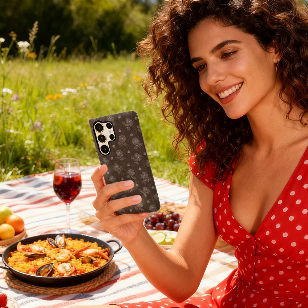 Brown Floral Embroidery Phone Case for Samsung Galaxy S25 Ultra S24 S23 Ultra Plus Glossy Double-layer Back Cover