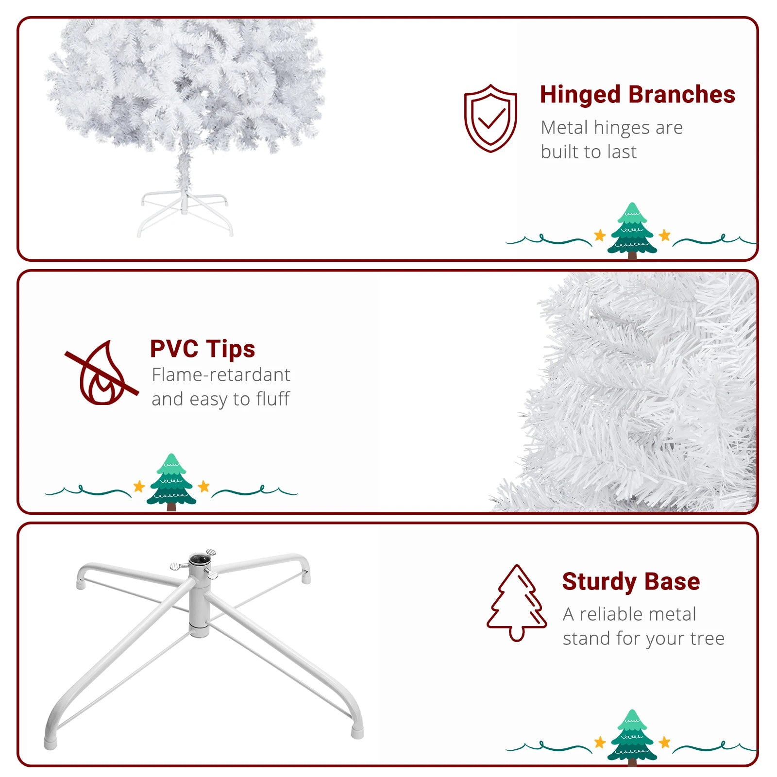 6FT Snowflake Christmas Tree – 650 Frosted PVC Tips, Metal Stand, Easy Assembly, Plush Branches, Spray White Effect, for Indoor/Outdoor Home, Office, Hotel, Villa, Party, Holiday Gift
