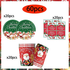 Christmas Tableware Set Xmas Paper Plates Cups Napkins Banner Merry Christmas Home Family Holiday Party Decor Supplies