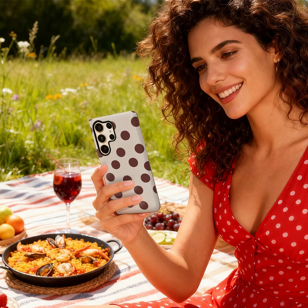 Brown Polka Dots Phone Case for Samsung Galaxy S25 Ultra S24 S23 Ultra Plus Glossy Double-layer Back Cover