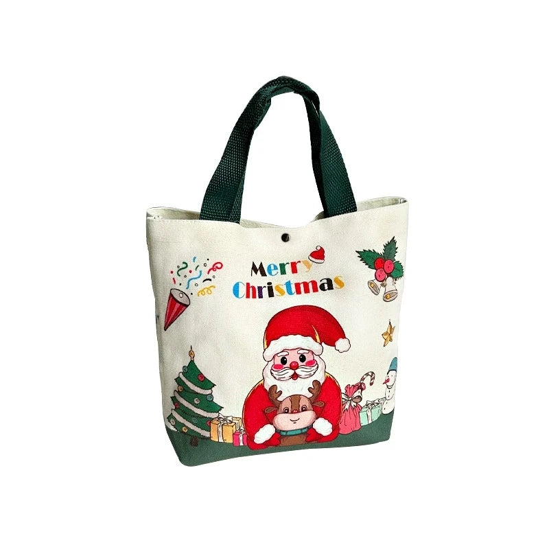 Reusable Christmas Gift Bags Candy Bags Tote Bags with Santa Deer Christmas Tree Design Canvas Handles Grocery Shopping Bags
