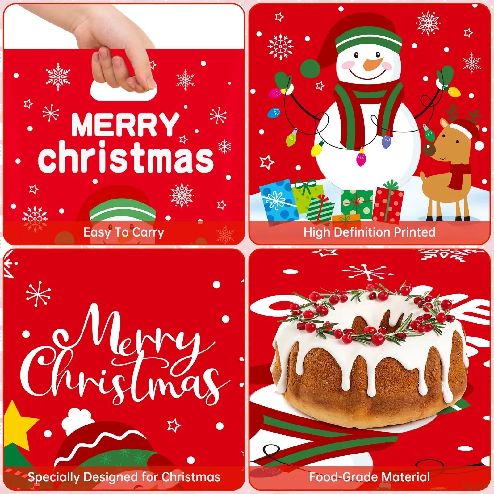 50PCS Merry Christmas Goodie Bags - Cute Snowman Plastic Treat Bags, Candy, Cookie, Snack Favor Tote Bags, Winter Xmas Holiday