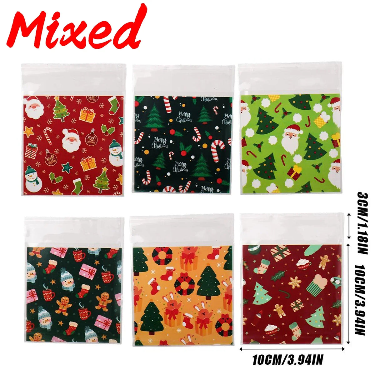 300/100PCS Christmas Cookies Bags Clear Opp Gift Packaging Bag Candy Snack Gift Bags Santa Flower Wreath Printed Pattern Decor