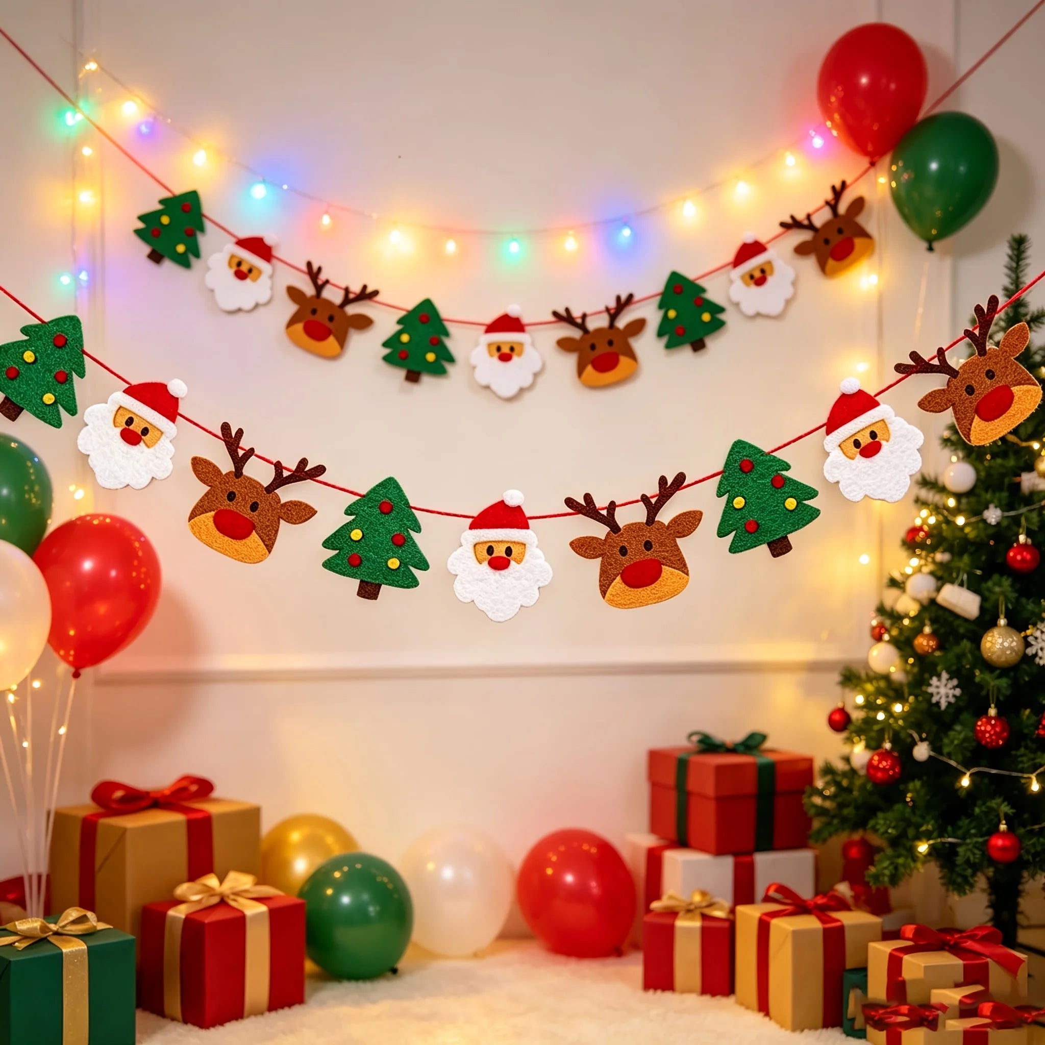Christmas Felt Banner Bunting With Reindeer, Santa Claus And Xmas Tree Decorations Hanging Garlands For Holiday Winter Parties