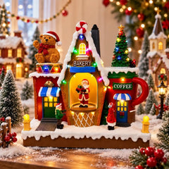 Christmas Village House Animated Rotating Santa Christmas Tree LED Light Music Bakery Coffee Shop Figurine Table Holiday Decor