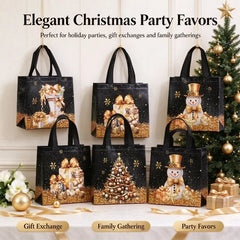 12PCS Christmas Non Woven Gift Bags Cartoon Snowman Tree Pattern Handbag Packaging Bags Xmas Party Supplies Holiday Favors