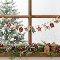 Scandinavian Christmas Wooden Garland, Wood Beads Hemp Rope, Tree Star Dala Horse for Fireplace Mantel Wall Xmas Home Decor
