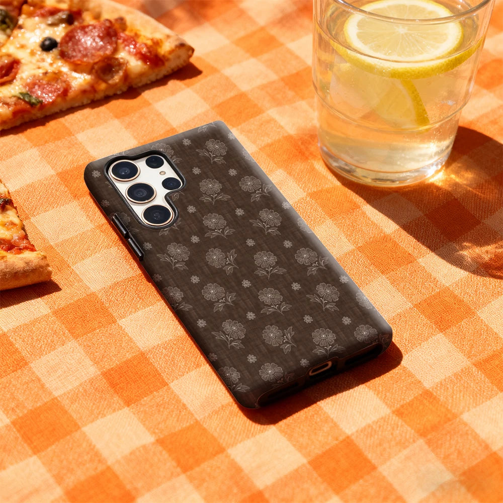 Brown Floral Embroidery Phone Case for Samsung Galaxy S25 Ultra S24 S23 Ultra Plus Glossy Double-layer Back Cover