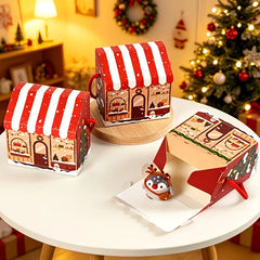 10pcs Christmas House-shaped Gift Boxes with Handles, Featuring Adorable Snowman Christmas Prints,Portable Paper Packaging Boxes